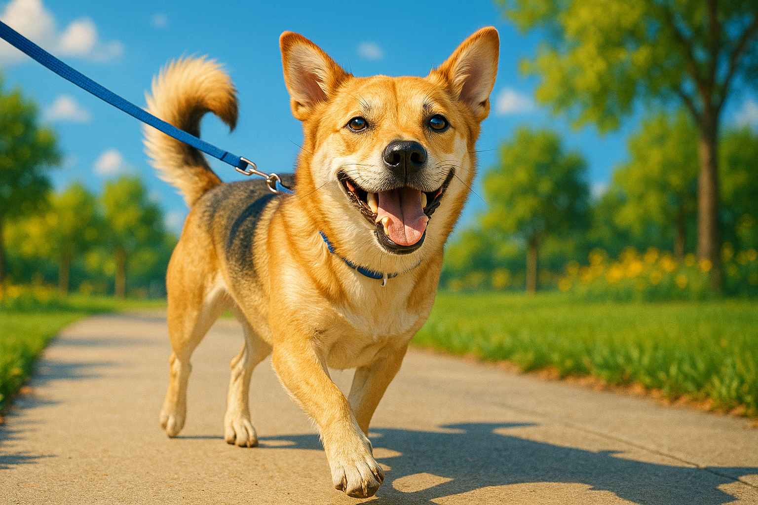 Happy Dog walking with leash